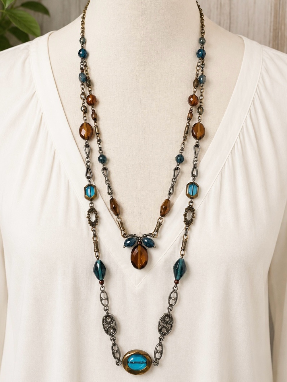 Chico’s Blue & Bronze Statement Necklace Mixed Metal Beaded Necklace